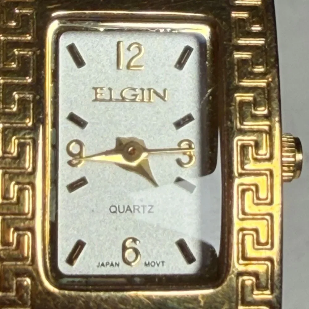 Vintage Elgin Women Gold Tone Hinged Cuff Bracelet Watch Greek Key Quartz Japan